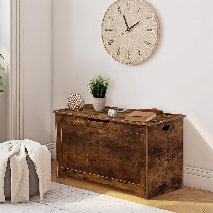 LEMY Storage Chest Bench, Wooden Trunk Box with 2 Safety Hinges, Modern Organizer Cabinet for Living Room, Bedroom, Entryway, Rustic Brown
