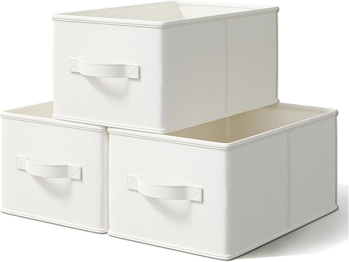 LayerSpace 3 Pack Fabric Storage Bins for Shelves | 11.5x8.75x6.5in Storage Baskets | Fabric Closet Organizers and Storage Bins with Handles Home Organization| Linen Clothes Bins | White & Ivory