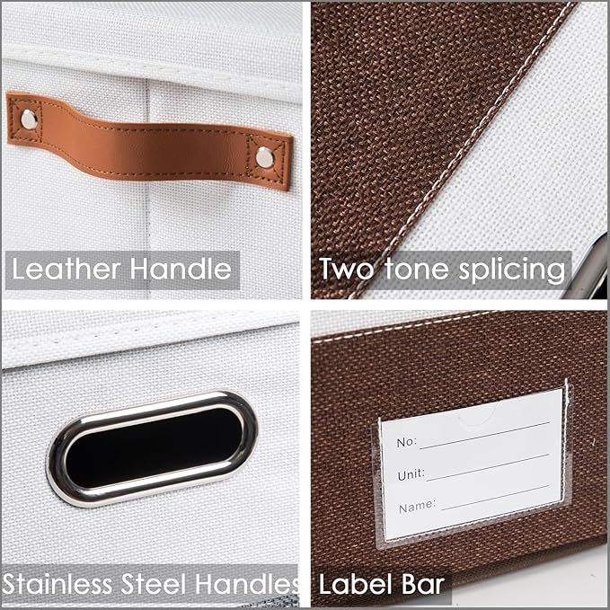PRANDOM Foldable Storage Bins with Handles [3-Pack] Fabric Collapsible Storage Boxes Baskets Cubes Containers with Handles for Closet Living Room Bedroom (Brown & White 14.9x9.8x8.3'')