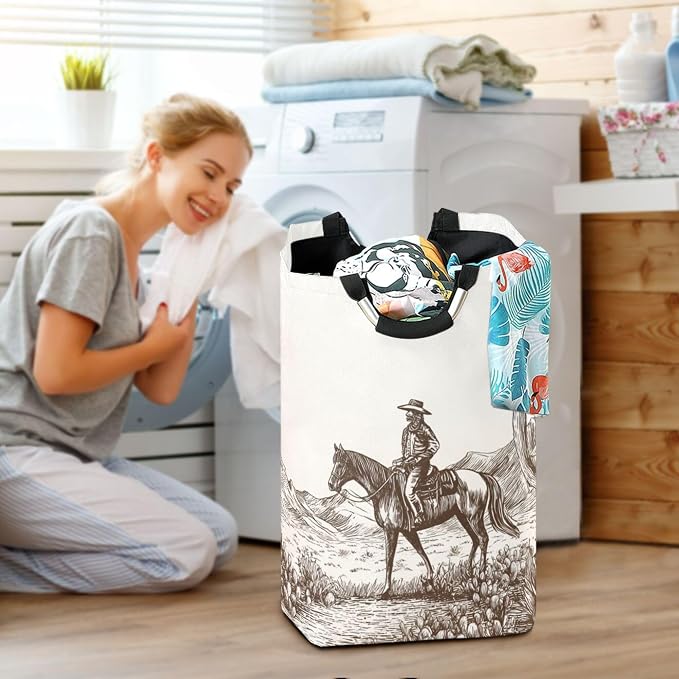 Ink Sketch Of Cowboy Riding Through Desert Large Laundry Hamper Basket, Collapsible Laundry Bag Storage Bins Baskets with Handles for Laundry, Bedroom, Home Decor