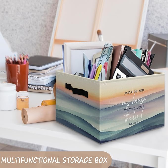 Religious Christian Foldable Storage Bins Box with Handles Decor, As for Me and My House We Will Serve the Lord Bible Verse Collapsible Organizer Basket for Bedroom Bathroom Clothes Toys Books