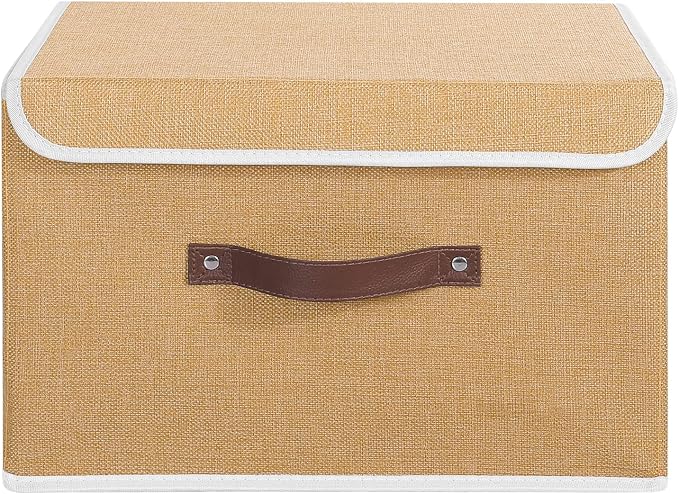 ANMINY Storage Bin with Lid Storage Boxes with PU Leather Handles PP Plastic Board Decorative Foldable Lidded Cotton Linen Fabric Home Cubes Baskets Closet Organizer Container - Khaki, Large Size