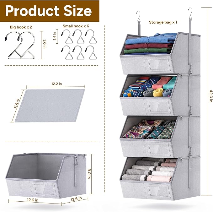 4-Tier Hanging Closet Organizer, Detachable Hanging Storage Shelves with Reinforced Side Panels, Hanging Closet Organizer for Clothes, Sweaters, Towels, Socks & Accessories, Gray