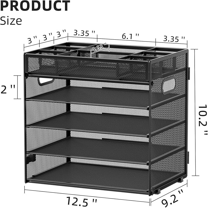 Marbrasse 5 Tier Paper Organizer Letter Tray, Mesh Desk File Organizer with Handle, Paper Sorter Desk Organizer for Home Office Supplies - Black, Adjustable