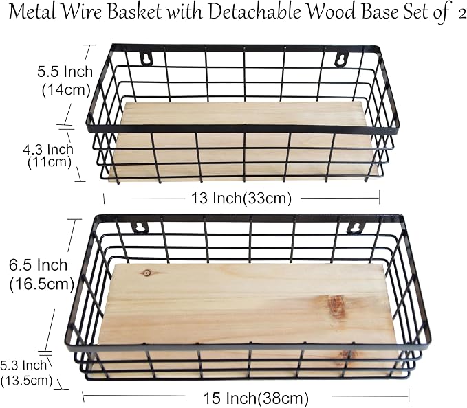 ShabbyDecor Metal Wire Basket for Kitchen Cabinets,Pantry,Bathroom,Set of 2 | Detachable Wood Base Metal Storage Organizer, Farmhouse Hanging Basket