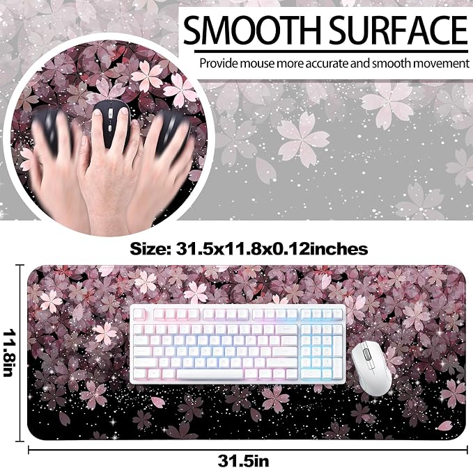 Japanese Cherry Blossom Gaming Desk Mat, Computer Keyboard Large Extended Flowers Mouse Pad for Office and Home, 31.5×11.8 Inches, XL, Black