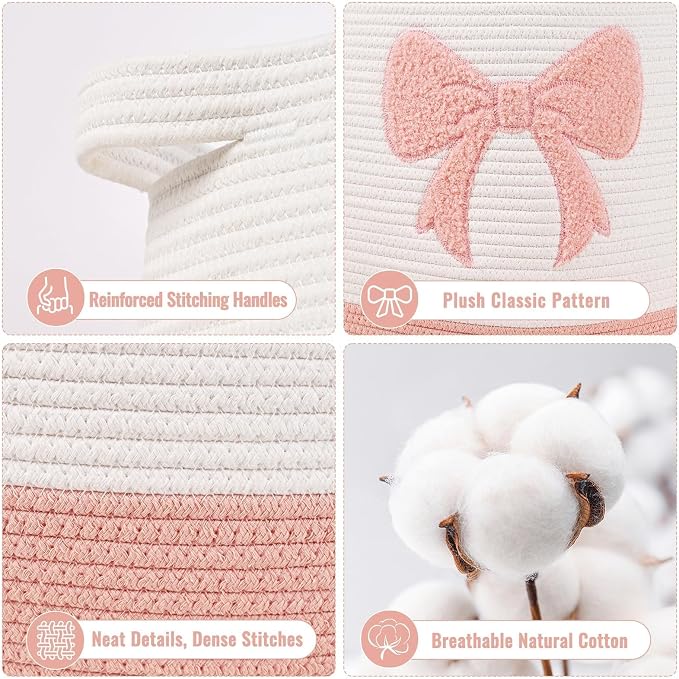Large Baby Laundry Hamper, Pink Bow Laundry Basket for Baby Girl, Toy and Blanket Storage Basket for Nursery and Playroom, Cotton Rope Hamper for Kids, 17.7"x15.7"