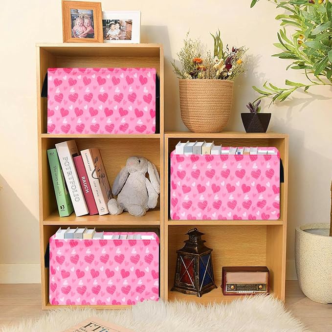 MAIZMZ Girls Storage Basket Heart Print Storage Cube for Women, Closet Shelf Organizer Bins Empty Gift Basket with Handles Girls Nursery hamper Kids Toys Books Box Room Deco