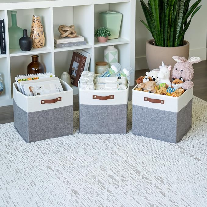 OrganiHaus 12x12 Cube Storage Bins, Set of 4 - Fabric Storage Cubes | Sturdy, holds its shape; odor-free; fits 12-inch cube shelves; vegan leather handles