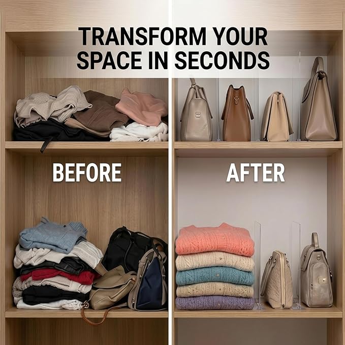 Acrylic Shelf Dividers for Closet Organization: 6 Pack Clear Removable 10/11.8" Tall X 11.8/10" Deep Clipless Separators for All Cabinets, Vertical Adjustable Storage Clothes, Purse, Bag Organizer