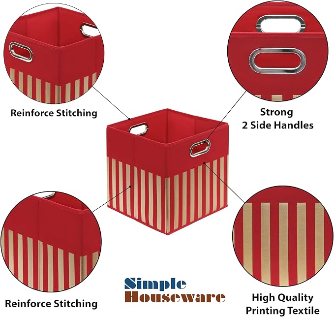 Simple Houseware 13-Inch Collapsible Fabric Cube Storage Bin with Handles, Printed Design, 3 Pack, Red