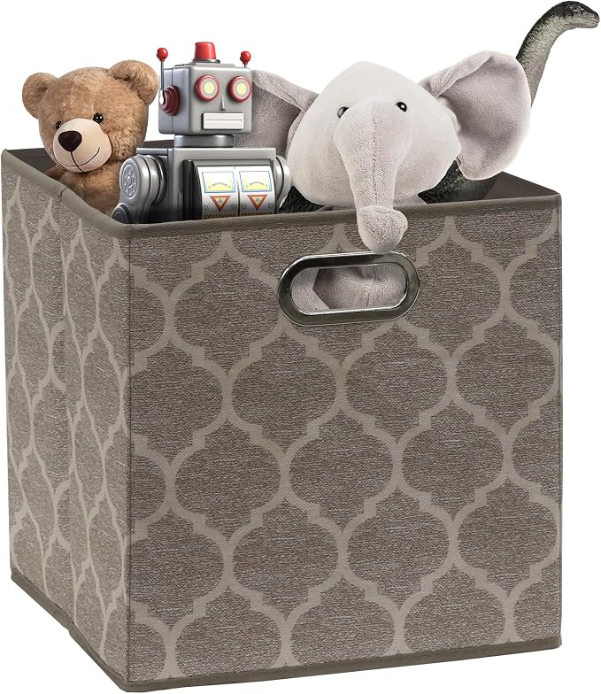 Simple Houseware 11-Inch Collapsible Fabric Cube Storage Bin with Handles, Printed Design, 6 Pack, Beige