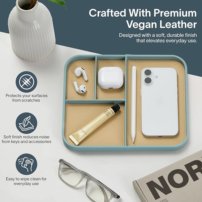 Nordik Leather Valet Tray - Seafoam Mist - 9.5 x 7.9 Inch Medium Vegan Leather Tray - Stylish Nightstand Organizer for Men - Modern Bedside Caddy - EDC Catchall for Key Watch Wallet Jewellery