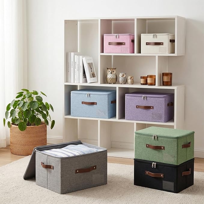 ANMINY 3PCS Storage Bins with Zipper Lid Storage Boxes with Label Holder PU Leather Handles Washable Foldable Decorative Lidded Cotton Linen Fabric Cubes Baskets Closet Organizer - Purple, Medium