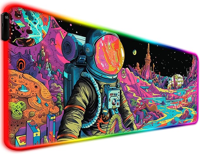 RGB Fantasy Planet Space Gaming Desk Mat, Computer Keyboard Large Extended Astronaut LED Mouse Pad for Office and Home, 31.5×11.8 Inches, XL