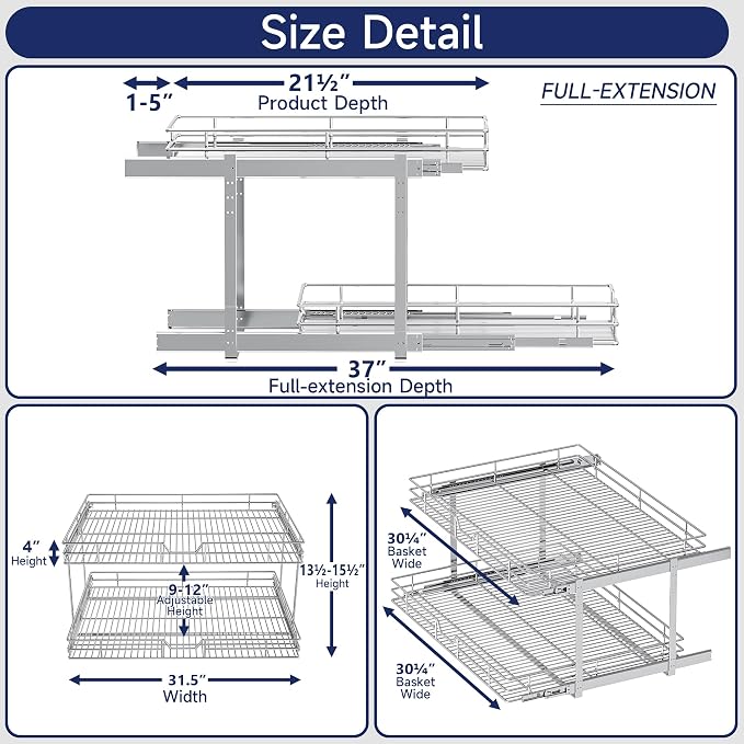 2-Tier Pull Out Cabinet Organizer, 31.5" W x 21.5" D, Heavy Duty Dual Slide Out Shelves for Wide Base Cabinets, Chrome Wire Basket Drawer for Pots, Pans, Pantry & Cleaning Supplies