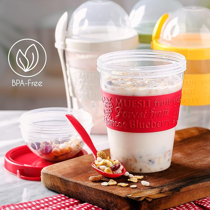 Crystalia 4 Pack 20 oz On The Go Yogurt Parfait Cups with Lids & Spoons, BPA FREE Reusable Yogurt Containers, Take and Go Yogurt Cup with Topping Cereal or Oatmeal Container, Colorful Set