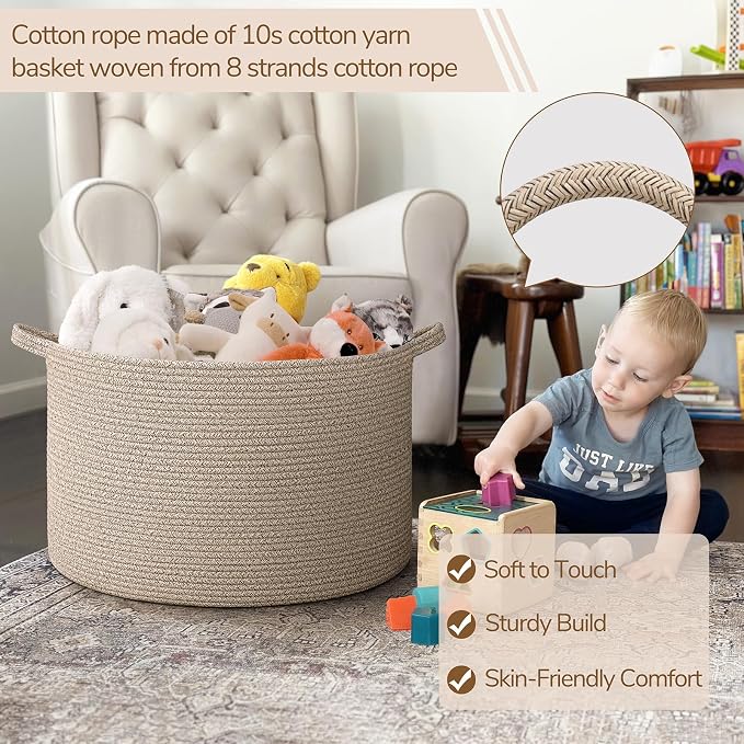 INDRESSME Large Blanket Basket Woven Cotton Rope Basket 65L with Handles, Toy Storage Basket for Living Room Bedroom Nursery, Laundry Hamper for Clothes Towels, Wicker Blanket Home Décor Brown