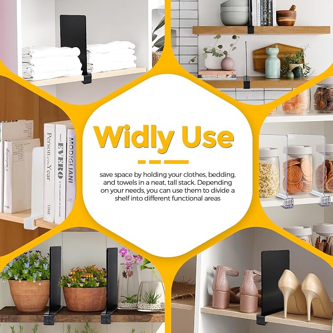 Matte Black Acrylic Shelf Dividers for Closets Organizer & Storage,6 Pack | Adjustable Vertical Wood Shelf Closet Separators, Keep Clean, for Clothes,Book,Bags, in Bedroom and Kitchen