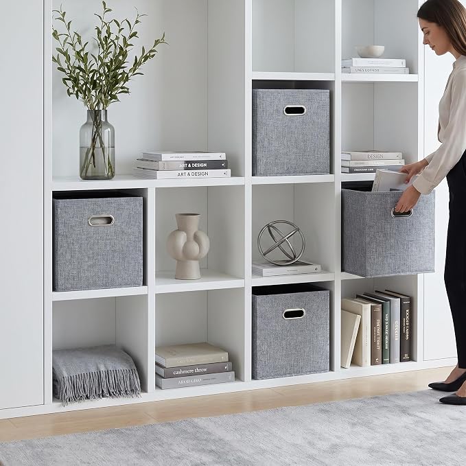 12x12 Gray Fabric Storage Cubes, 4 Pack – Foldable Linen-Look Cube Organizer Bins with Handles, Collapsible Cubby Baskets for Closet, Shelves, Nursery, Dorm Room & Kallax-Style Storage