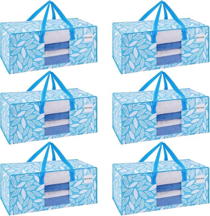 VENO 6 Pack Heavy Duty Moving Bags, Packing Bags with Clear Window, Alternative to Moving Boxes, Storage Bins for Clothes, Blankets, Comforters, College Dorm Essentials (Spring Breeze, 6 Pack)