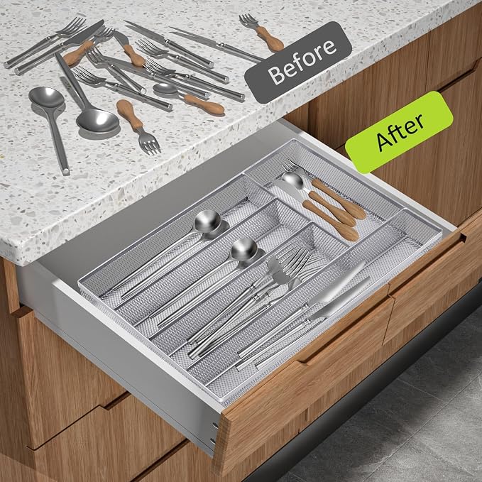 Neudeco Silverware Drawer Organizer, Silver, 5 Compartment | Mesh Wire, Non-Slip Feet, Cutlery Tray, Flatware Storage Divider
