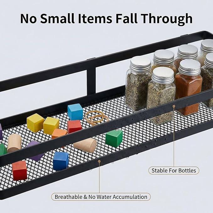 PUSDON 5-in-1 16.5" Extra Long Kitchen Organizer & Shower Caddy Set, Wall Mount Spice Rack with Paper Towel Holder, Utensil Holder & Soap Dish, Rustproof Mesh - Matte Black, Guardrail