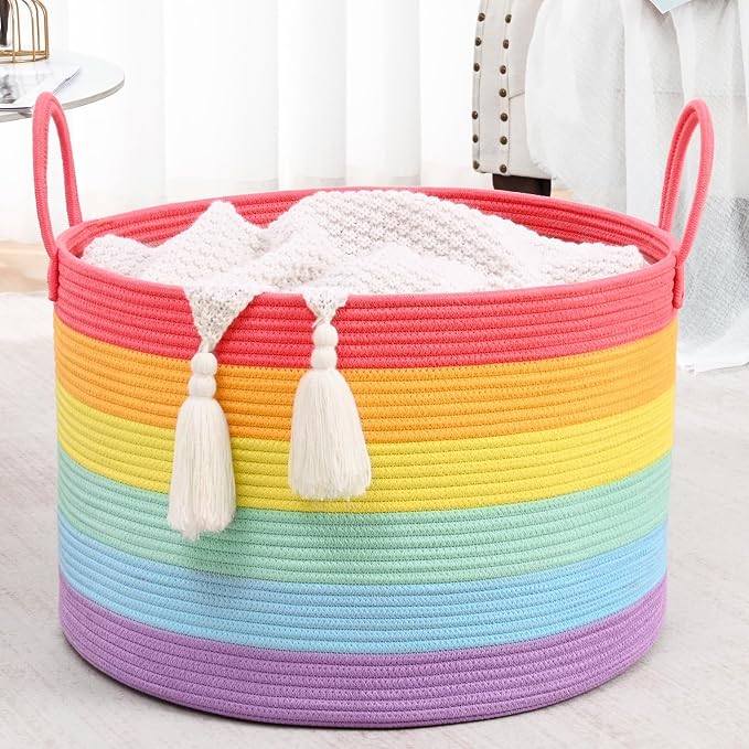 67L Large Rainbow Blanket Basket, Cotton Rope Baby Laundry Hamper with Handles, Kids Toy Basket for Classroom & Nursery, Soft Round Stuffed Animal Storage, Dog Toy Bin - 20"x13", Rainbow
