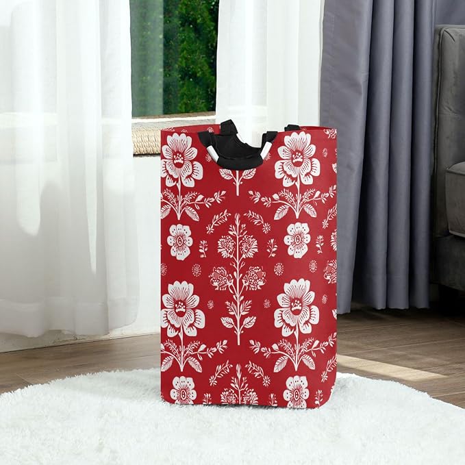 Geometric Arrangement Of White Florals Large Laundry Hamper Basket, Collapsible Laundry Bag Storage Bins Baskets with Handles for Laundry, Bedroom, Home Decor