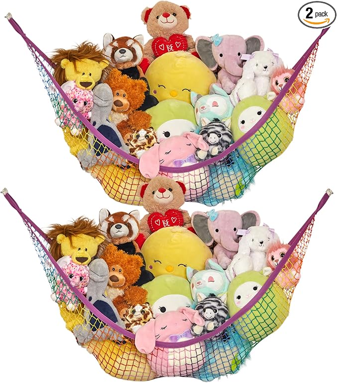 Stuffed Animal Hammock 2 Pack | Corner Stuffed Animal Storage & Plushie Net | Toy Hammock for Stuffed Animals | Holds 12lbs | Easy Hang, All Hardware Included | Rainbow Bedroom Decor | by Lilly's Love