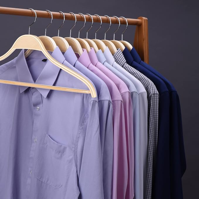 JS HANGER Wooden Coat Hangers, 30 Pack Light Weight Wood Coat/Suit Hangers with Non-Slip Pant Bar, Natural Finish