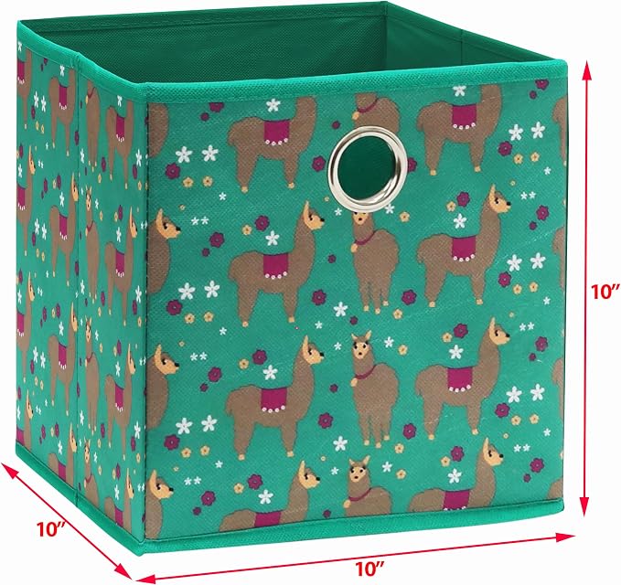 Simple Houseware 10-Inch Collapsible Fabric Cube Storage Bin with Handles, Printed Design, 6 Pack, Green