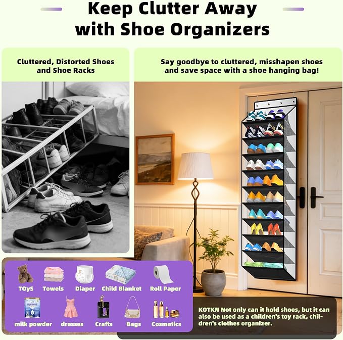 PAULONE 10-Pocket Multi-Use Over the Door Organizer, Heavy Duty 95lbs Capacity with Breathable Mesh, Versatile Hanging Storage for Shoes, Toys, Office Supplies-Classic (Piano Gloss Black, 10-Shelf,)