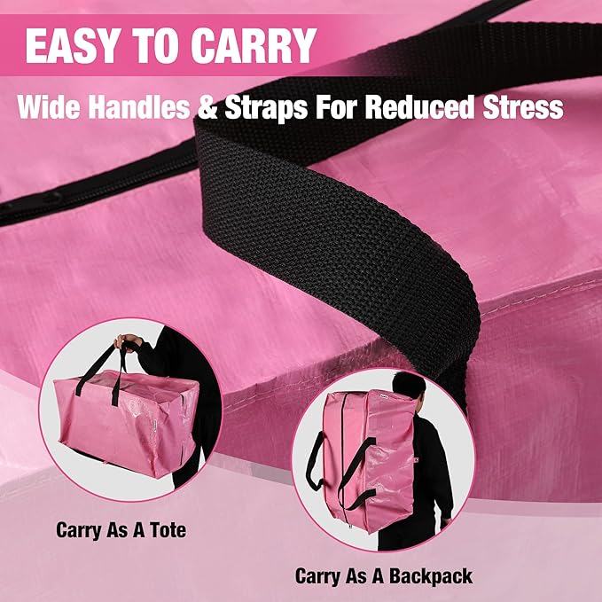 WORKPRO 6 Pack Extra Large Moving Bags with Zippers & Carrying Handles Backpack Straps, Heavy-Duty Storage Tote for Space Saving Moving Storage (Pink)