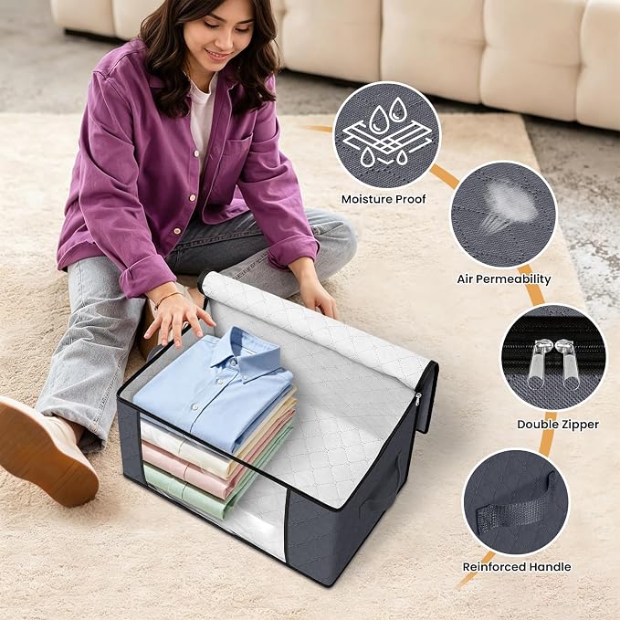 Fab totes 35L Closet Organizers and Storage, Foldable Under Bed Storage Containers, Storage bags for Organizing Bedroom, Closet, Clothing,Organization with Handle (3 Pack,Grey)