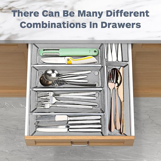 Smgmg Silverware Drawer Organizer, Cutlery Drawer Organizer, 6 Pack Utensil Drawer Organizer, Kitchen Utensils, Flatware Organizer with Interlocking Arm (9.6 * 3 * 2 inch, Grey)