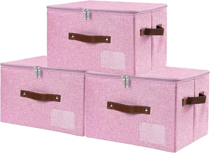 ANMINY 3PCS Storage Bins with Zipper Lid Storage Boxes with Label Holder PU Leather Handles Washable Foldable Decorative Lidded Cotton Linen Fabric Cubes Baskets Closet Organizer - Pink, Medium