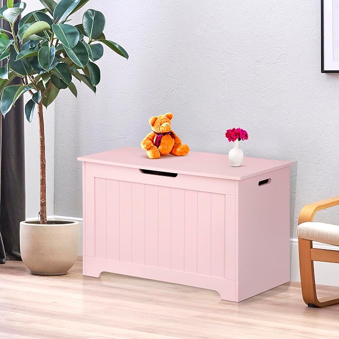 LEMY Storage Bench, Wooden Chest Box with 2 Safety Hinges, Modern Organizer Cabinet for Living Room, Bedroom, Entryway, Pink