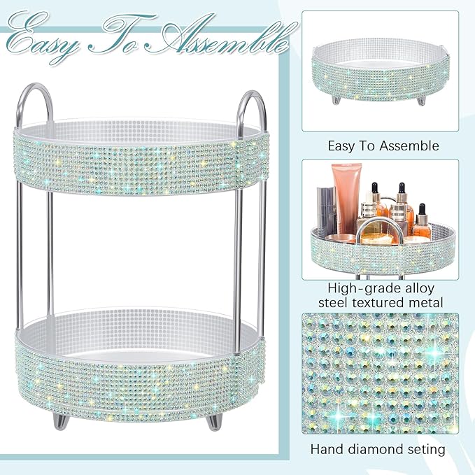 Honeydak 360 Rotating Perfume Organizer Gift for Women, Rhinestone Preppy Skincare Organizer Bathroom Counter Makeup Holder Skincare and Perfume Storage for Cosmetic(2 Tiers,Resin Diamond,AB Color)