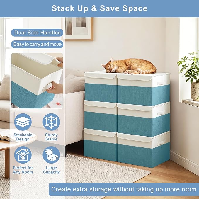 Bagnizer Large 22 Quart Linen Fabric Foldable Storage Bin Cube Organizer Basket with Flip-Top Lid & Handles, Clothes Blanket Box for Home, Office, Closet, Teal & White, 4 Pack 14.6 x 9.5 x 9.5