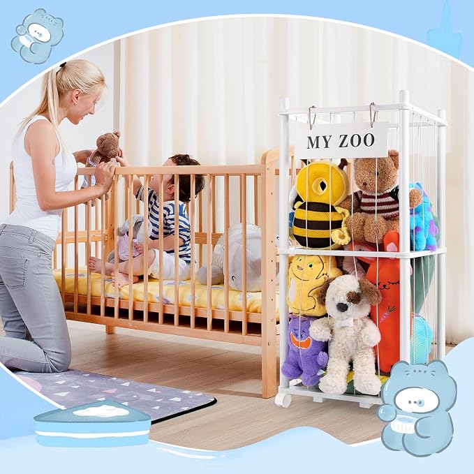 GLDZI Stuffed Animal Storage Zoo with Wheels, Wooden Stuffed Animal Organizer with Elastic Cords, Space Saving Toy Plushies Storage Holder for Playroom, Bedroom, Living Room(White, Small)