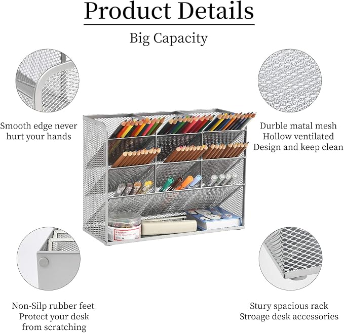 Marbrasse Mesh Desk Organizer, Multi-Functional Pen Holder, Desktop Stationary Organizer, Storage Rack for School, Home, Office, Art Supplies (Mesh Pen Holder-Silver)