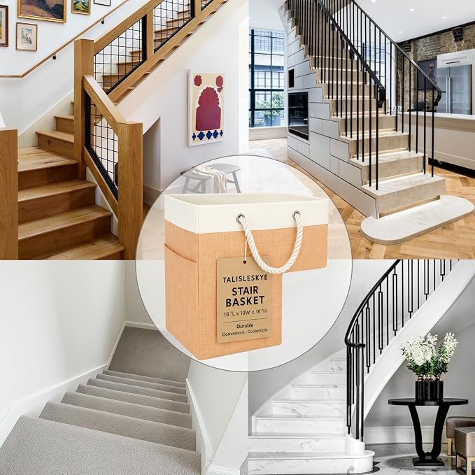 Stair basket,Foldable staircase baskets,Step stairs storage baskets with handle,1pcs apricot