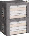 CYhom Clothes Storage Bins Box - Linen Fabric Foldable Stackable Container Organizer Set with Clear Window & Carry Handles & Metal Frame (Dark Gray, Medium-36L)