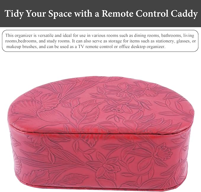 Remote Control Holder, PU Leather Remote Caddy Desktop Organizer with 5 Spacious Compartments for TV Remotes/Media Controllers/Office Supplies (1-Carved Red