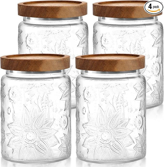 LemonRoad 4 Pcs Vintage Clear Glass Storage Jars 23.7 oz Mason Jar Canister with Wood Lids Food Storage Container for Cookie, Pantry, Candy Kitchen, Coffee, Tea, Flour, Sugar, Decorative Home Decor