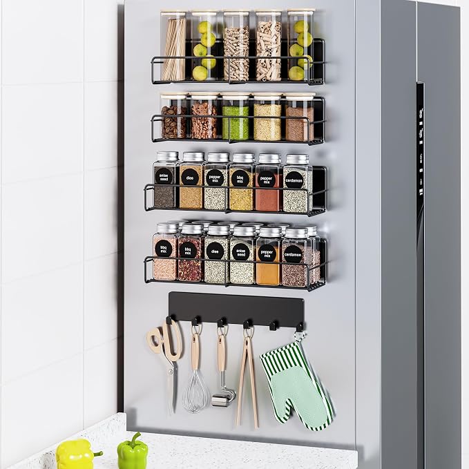 Mystozer 5 Pack Moveable Magnetic Spice Rack Organizer With 6 Hooks for Refrigerator, Metal Fridge Shelf Magnetic Basket for Fridge Kitchen Spice Organizer (Black)