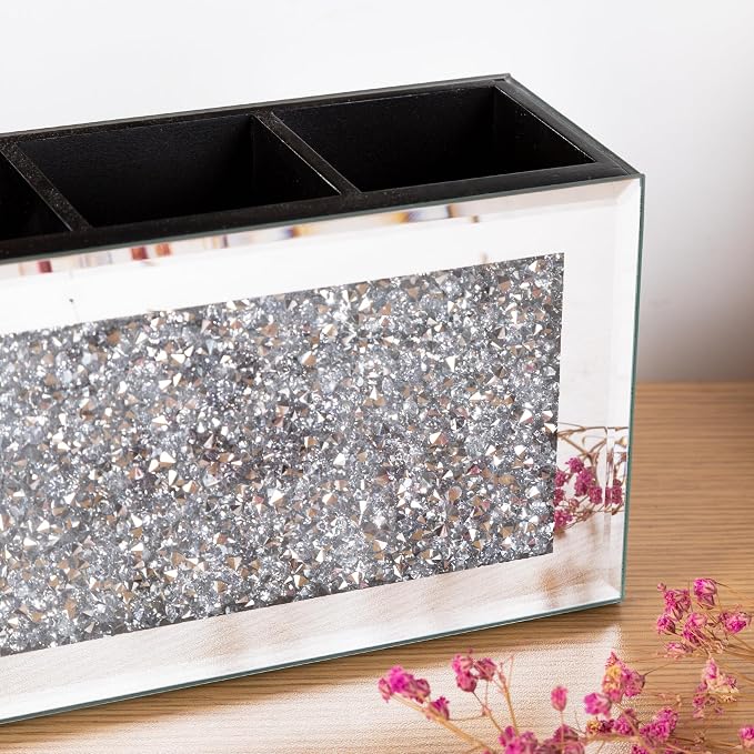 SHYFOY 4-Compartment Makeup Brush Holder, Mirrored Makeup Organizer with Crushed Diamond Crystals, Vanity Cosmetics Organizer Solution, Pencil Holder Organizer for Desk