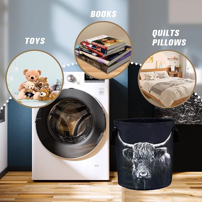 Highland Cow Laundry Basket Animal Foldable Oxford Cloth Funny Tote Bag Laundry Hamper Clothes Storage Bucket Organizer For Bathroom/Laundry Storage/Bedroom Storage Basket 18.9x16.5 Inch