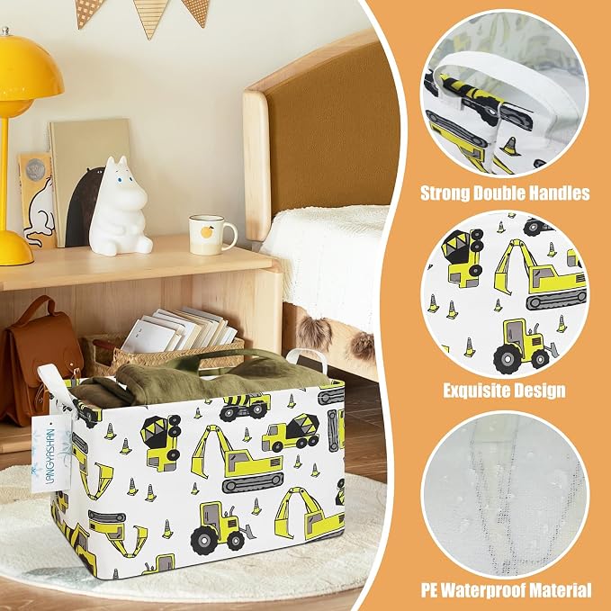 Rectangular Collapsible Storage Basket Nursery Organizer Engineering Car | Storage Bin Foldable Canvas with Handles for Organizing Home Kitchen Children Toys Office Closet Shelf Baskets
